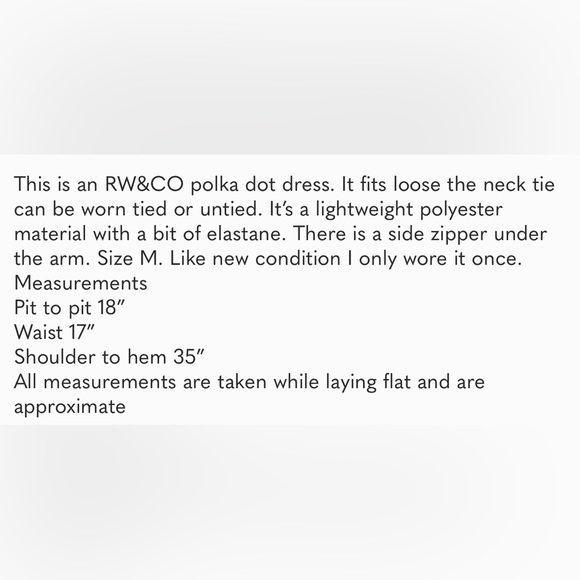 RW&CO polka dot dress loose fit with neck tie and size zipper. Size M Like new - Picture 15 of 15
